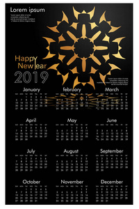 设计日历2019年。简单的金色矢量装饰黑色背景12页日历设计矢量打印