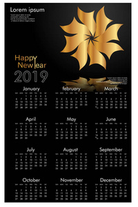设计日历2019年。简单的金色矢量装饰黑色背景12页日历设计矢量打印
