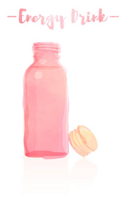 粉红色水彩画矢量插图一小瓶维生素能量饮料。