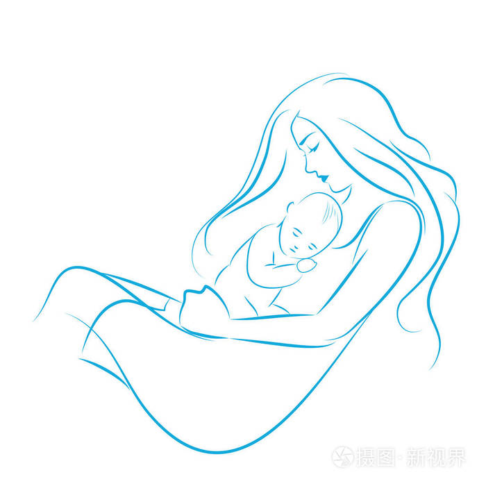 长发母亲抱着她的儿子在胸前. 素描到线条绘制的海湾.