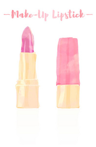 粉红色水彩画矢量插图的美容用具粉红色口红化妆产品与颜料，油，蜡和润肤剂，应用颜色纹理和保护嘴唇。