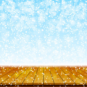圣诞快乐，新年快乐，问候背景。 冬季景观与雪和木桌顶部矢量