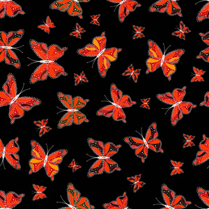 水彩抽象明亮图案蝴蝶翅膀复古颜色。 黑色红色和橙色的图片。 织物纺织品印刷和邀请的背景。