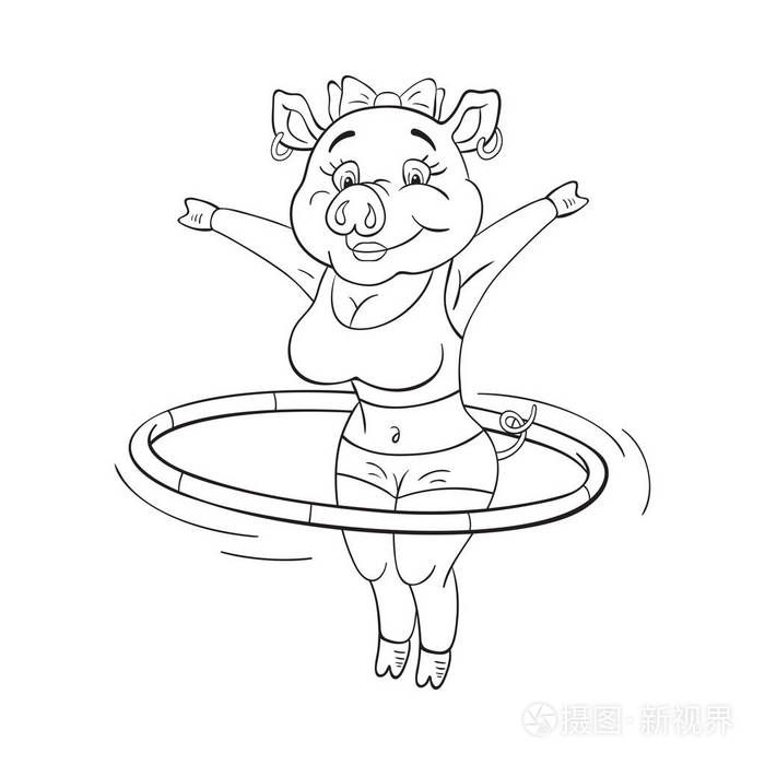 黑白插图可爱的雌性猪在健身运动服谁做运动与呼啦圈有趣的卡通人物