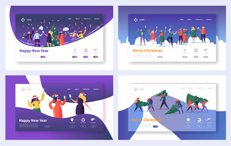 商业企业圣诞登陆页面集。快乐人物角色办公室团队为网站或网页庆祝新年。平面动画片向量例证