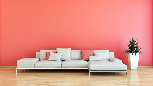 大型豪华现代明亮的室内室Korall红色插图3D渲染计算机生成的图像，而不是照片，而不是私人财产