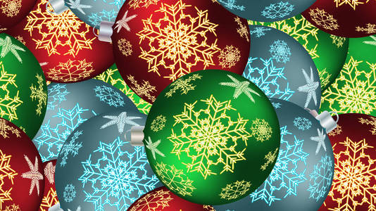 节日美丽的圣诞冬季质感, 礼物包装一个无缝的图案, 从五颜六色的圆球, 圣诞树装饰与雪花的图案。向量背景