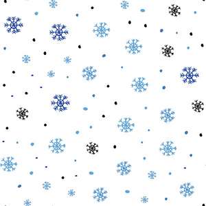 浅蓝色矢量无缝纹理与彩色雪花。 用雪在抽象模板上闪耀着五颜六色的插图。 纺织品壁纸设计。