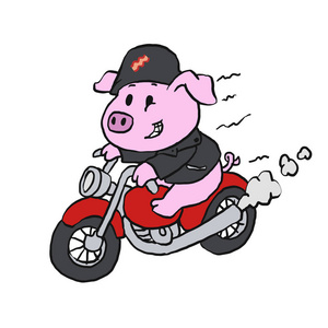 可爱的卡通猪骑摩托车