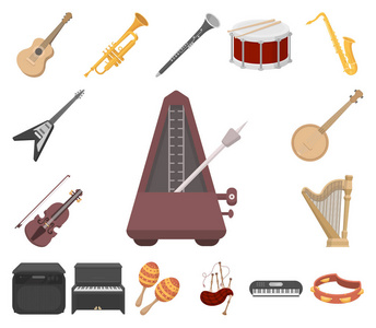 音乐乐器卡通图标集合中的设计。弦和管乐器矢量符号股票网页插图