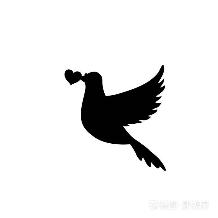 矢量黑色的飞鸽轮廓心在嘴在白色背景和平鸽子图标爱情象征概念鸟标志