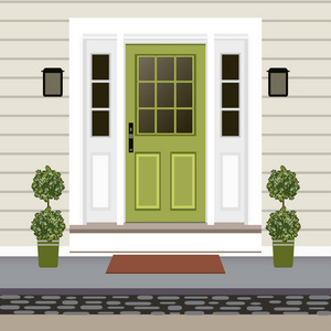 房子门前有门阶和垫阶灯花建筑入口立面外观入口设计插图矢量平面风格