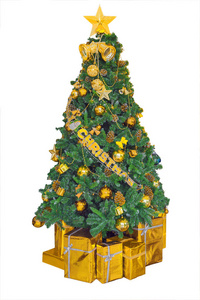 圣诞装饰树金星礼物隔离圣诞节和新年快乐装饰树和礼物树枝红球和浆果在白色背景上隔离。