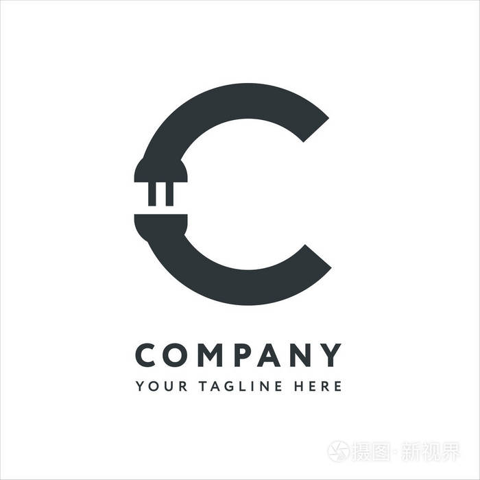 字母c徽标设计标志模板. 创意电子插头电线概念.
