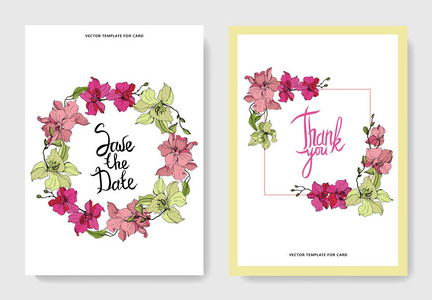 美丽的兰花花刻墨艺..带有花卉装饰边界的婚礼卡片。谢谢，rsvp，邀请优雅卡片插图图形集。