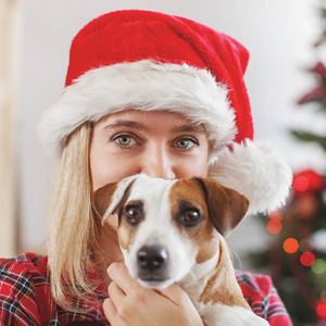 愉快的妇女与狗在圣诞节装饰