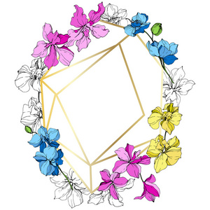 粉红色，蓝色和黄色的兰花花。刻的水墨艺术..框金水晶..几何晶石多面体镶嵌形状..