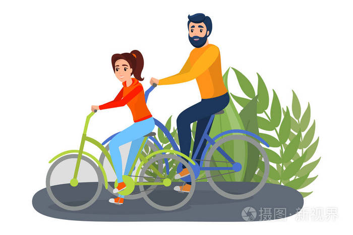 一对夫妇在公园里骑自行车男人和女人