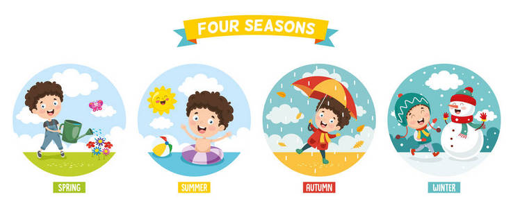 儿童和四季矢量插图