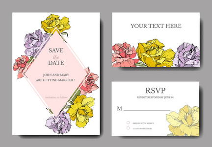 卡片上美丽的玫瑰花。 带有花卉装饰边界的婚礼卡片。 谢谢RSVP邀请优雅的卡片插图图形集。 雕刻的水墨艺术。