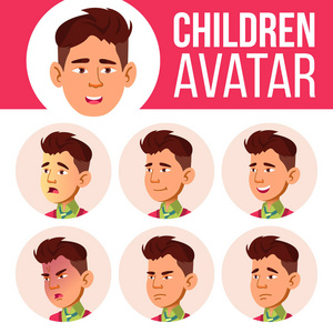 亚洲男孩阿凡达设置孩子向量。高中。面部情绪。孩子们, 年轻人。生活, 情感。动画片头例证