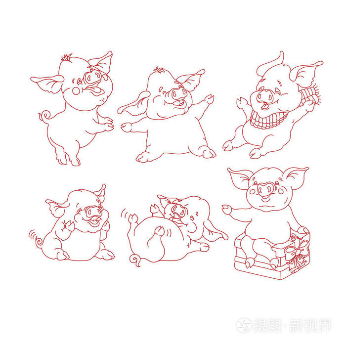 不同姿势的线性卡通人物. 收集有趣的小猪.