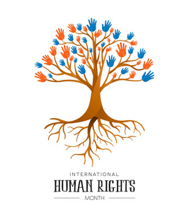 国际人权意识日为全球平等和多样性人的设计提供了例证。 树由人们手为社会自由表达的概念。