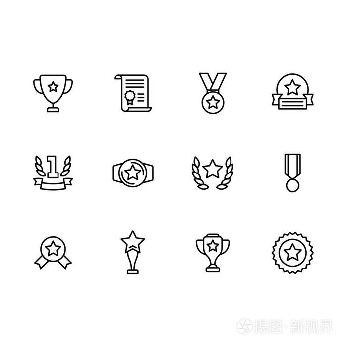 简单的设置符号运动奖杯和冠军杯线图标.