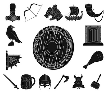 维京人和属性黑色图标集合中的设计。老北欧战士矢量符号股票网页插图