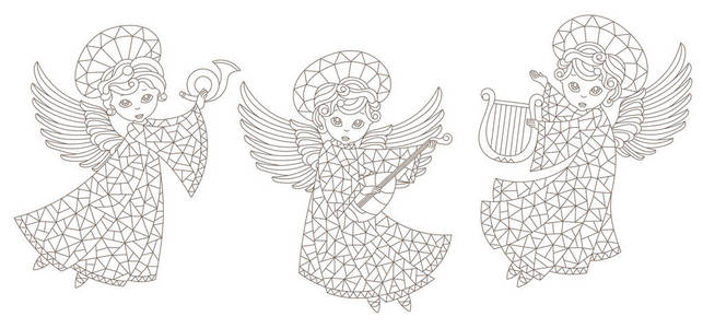 一组彩色玻璃天使的轮廓图被隔离在白色背景上