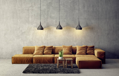 现代客厅有黄色沙发和灯。 斯堪的纳维亚室内设计家具。 三维渲染图
