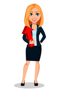 商务女性穿着办公室风格的衣服。 现代女商人手持红色箭头。 欢快的卡通人物。 白色背景上的矢量插图。