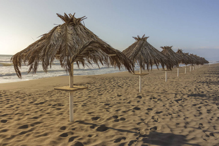 意大利大蓬托海滩的热带阳伞，意思是旅游的概念