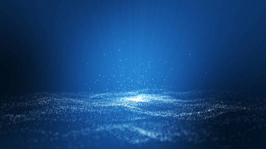 蓝色背景数字签名与波粒子闪耀空间与深度的场。 粒子是白光线