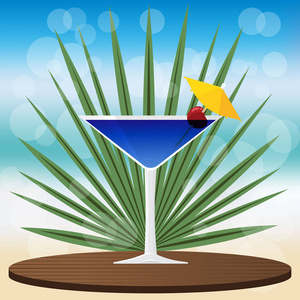 蓝色泻湖鸡尾酒在木制经典托盘上的模糊背景与bokeh矢量插图的网络和打印邀请和菜单酒吧。