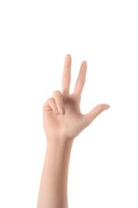 以手语显示数字3的妇女的部分看法