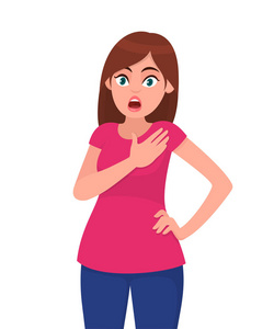 年轻迷人的震惊女人把手放在胸前。 患有心脏病疼痛健康问题的患病妇女用手触摸胸部。 矢量卡通平面中的人类情感概念插图。