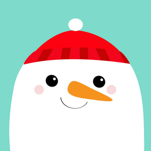 雪人头像。胡萝卜鼻子，红帽子。圣诞快乐。可爱的卡通搞笑川崎人物。新年快乐。蓝色冬季背景。贺卡。平面设计。矢量图示