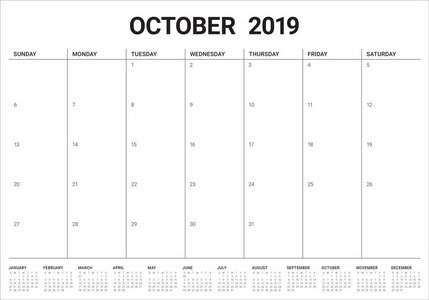 2019年10月每月日历矢量插图简单干净的设计。