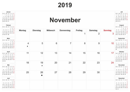 2019年德国月历，白色背景。