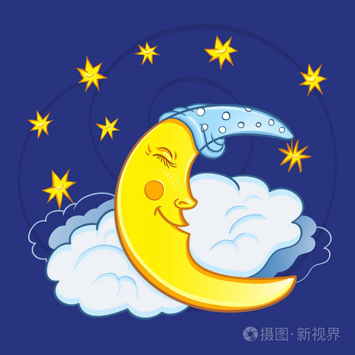 月亮睡在云上夜空中有星星可爱的月亮