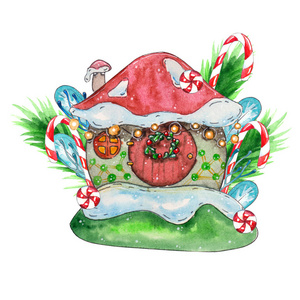 雪屋水彩插图一个可爱的房子和新的年份装饰孤立的图纸手工圣诞节装饰和元素。 非常适合卡片和装饰