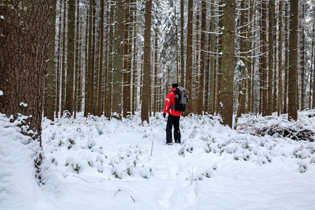 徒步旅行者男，背着背包散步，冬天的雪林