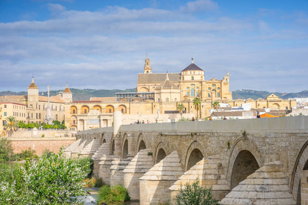 罗马桥和大教堂清真寺作为西班牙Cordobaandalusia的地标
