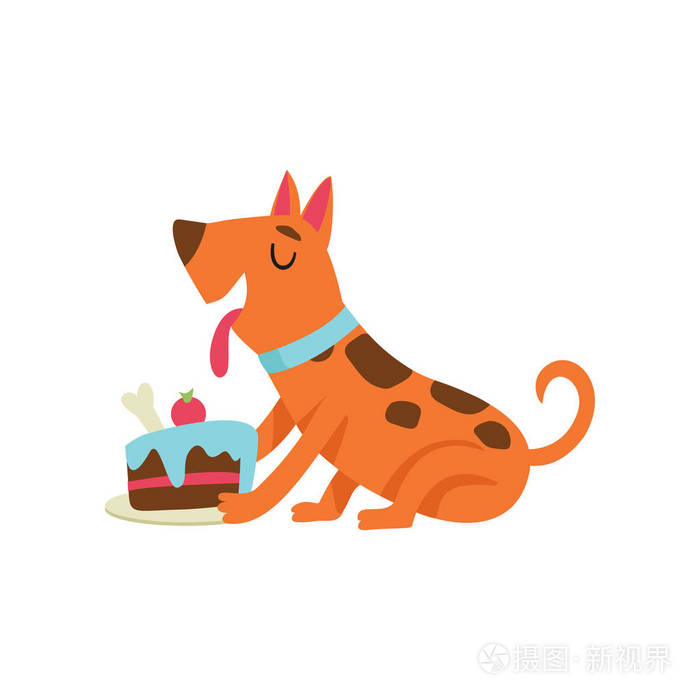 可爱的狗吃蛋糕, 有趣的卡通动物字符在生日派对向量例证