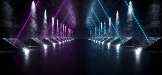 暗S CI FI空，现代未来空间飞船隧道走廊，灰色反射混凝土纹理，蓝色紫色霓虹灯发光三角形灯背景3渲染插图。