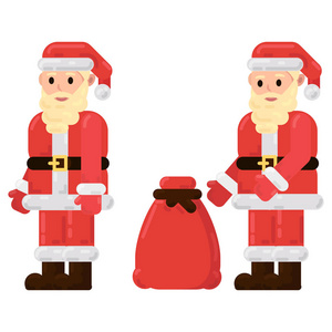 圣诞老人与一包礼物矢量插图，白色背景上的扁平字符