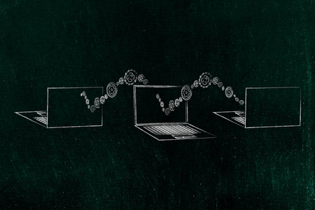 信息技术概念说明一组3台笔记本电脑的前后视图，齿轮从一个移动到另一个