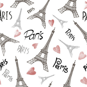 浪漫的巴黎。 无缝背景与巴黎埃菲尔铁塔的象征。 穿白色衣服。 背景纹理商店。