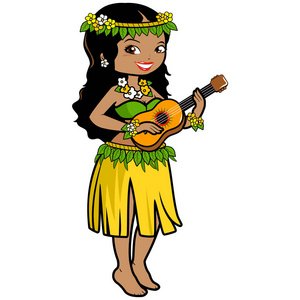 一个夏威夷女人用她的吉他弹着草裙和异国情调的花的矢量插图。
